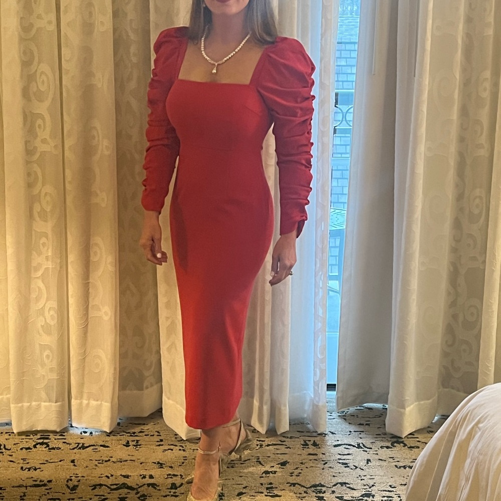 ANTONIO MELANI Red Ruched Puff Sleeve Cocktail Dress - Picture 2 of 2